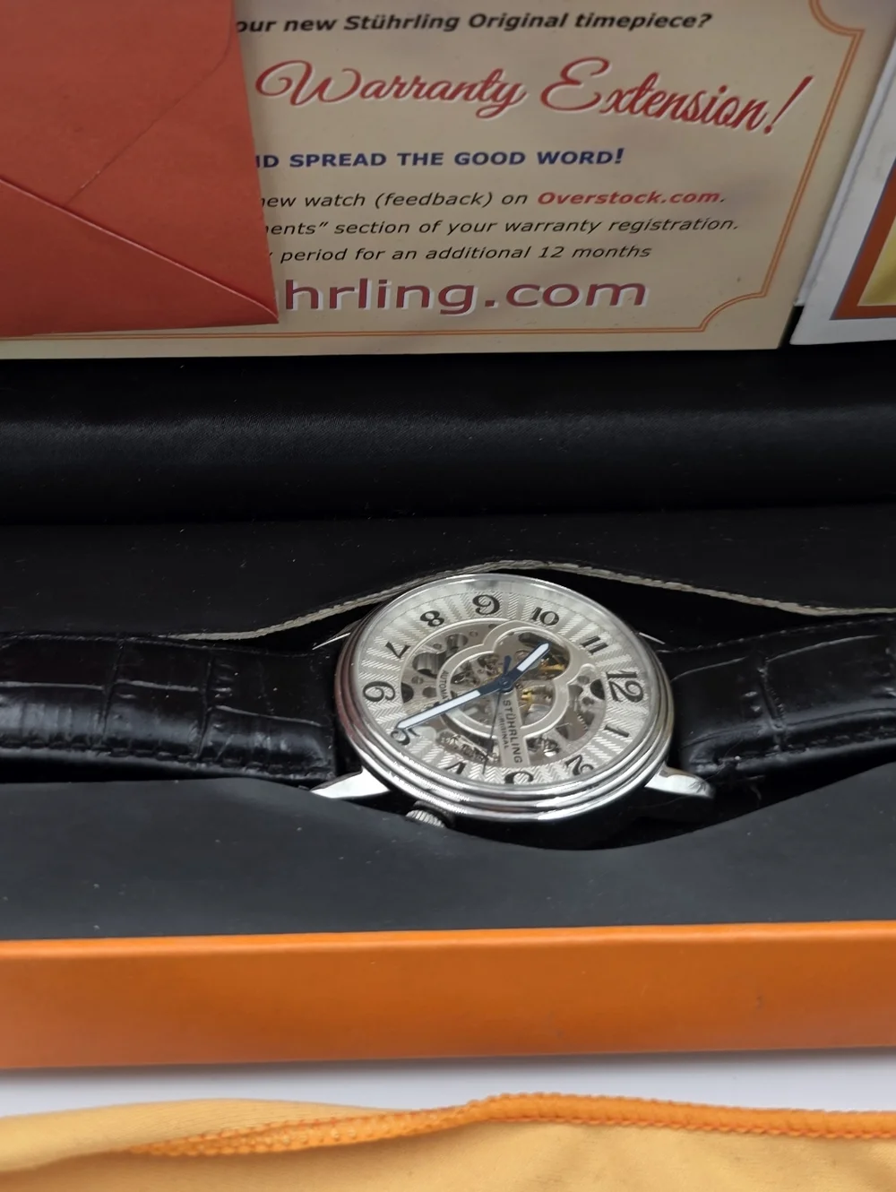 Stuhrling Original Mens Skeleton Automatic Watch ST-90050‎ Silver Black Leather